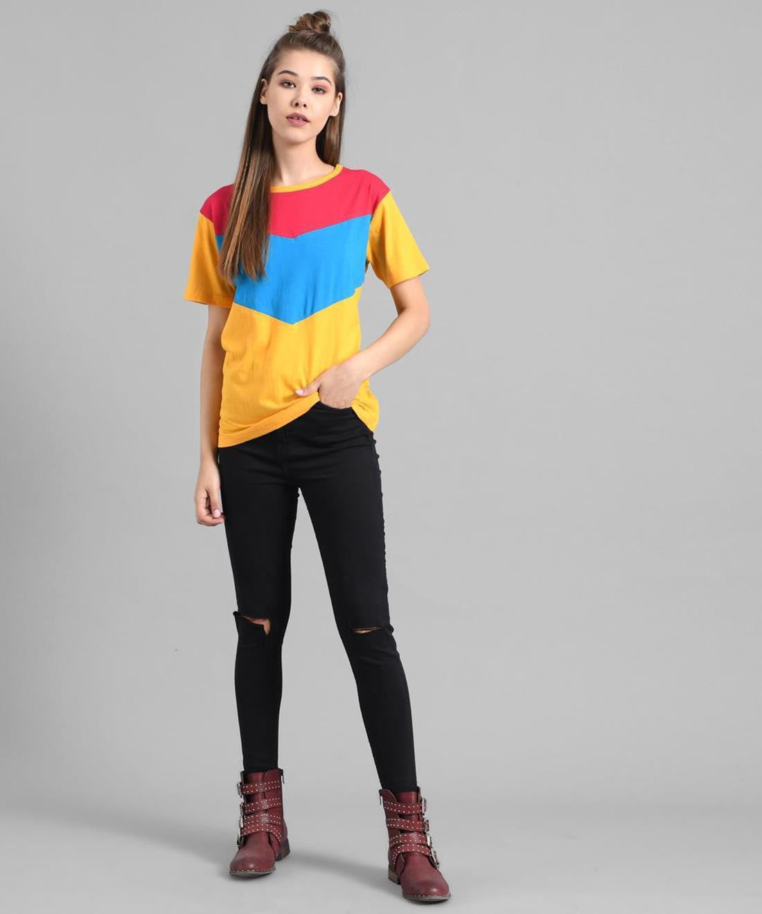 KOTTY Colorblock Women Round Neck Multicolor T-Shirt 