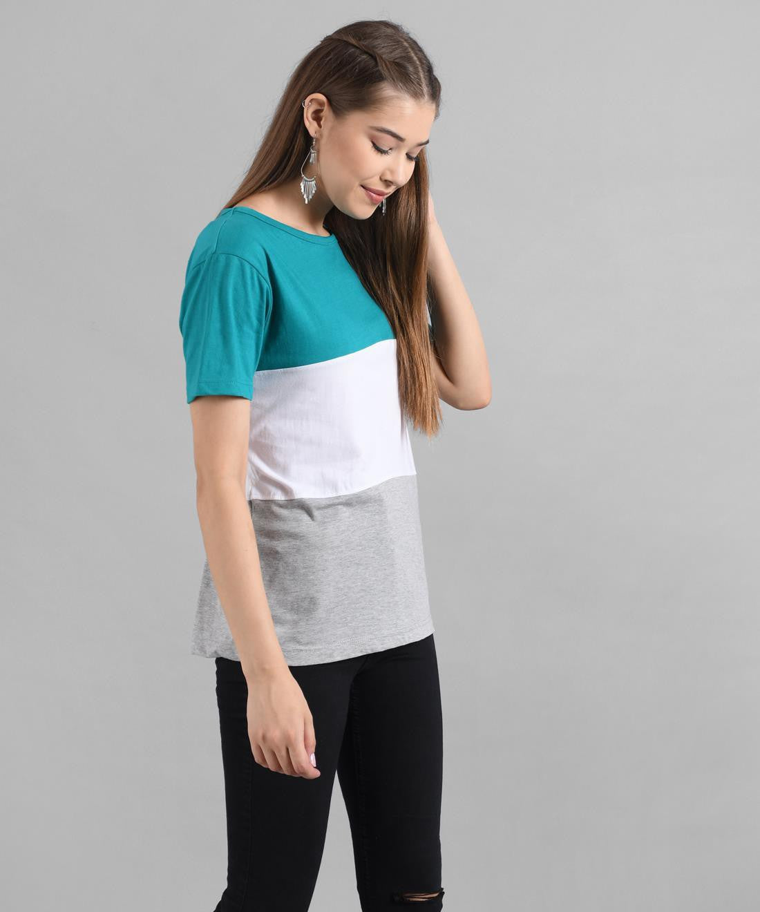 KOTTY Colorblock Women Round Neck White T-Shirt 