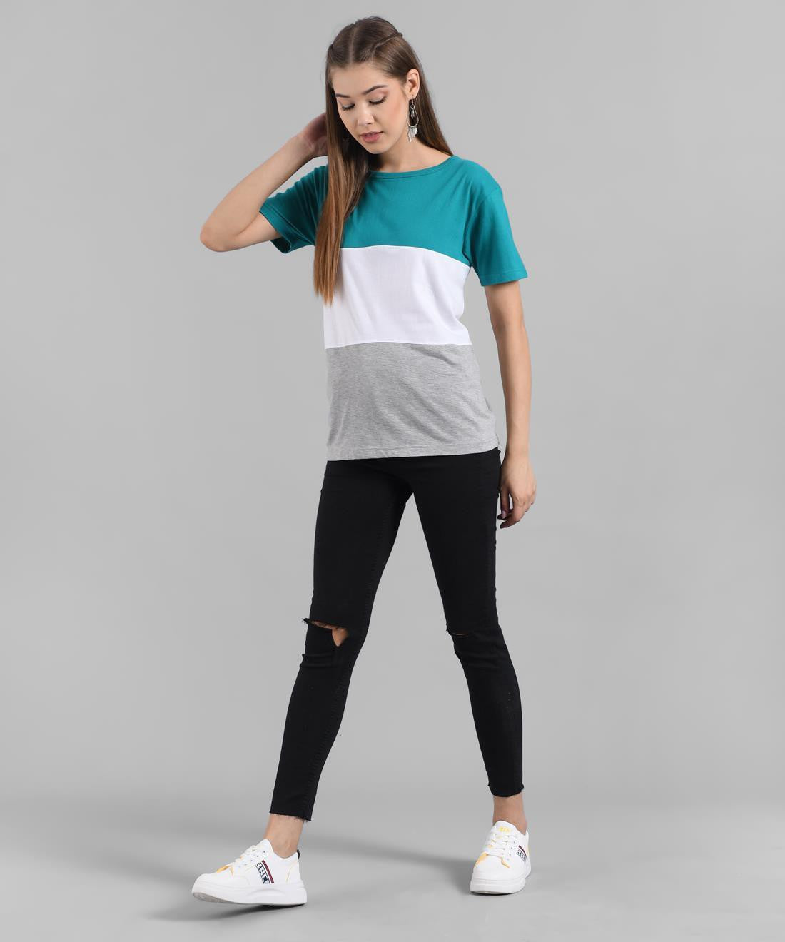 KOTTY Colorblock Women Round Neck White T-Shirt 