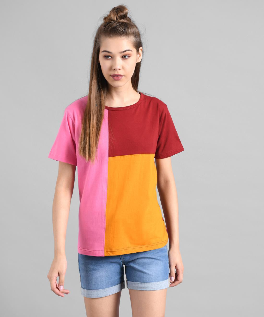 KOTTY Colorblock Women Round Neck Yellow T-Shirt 