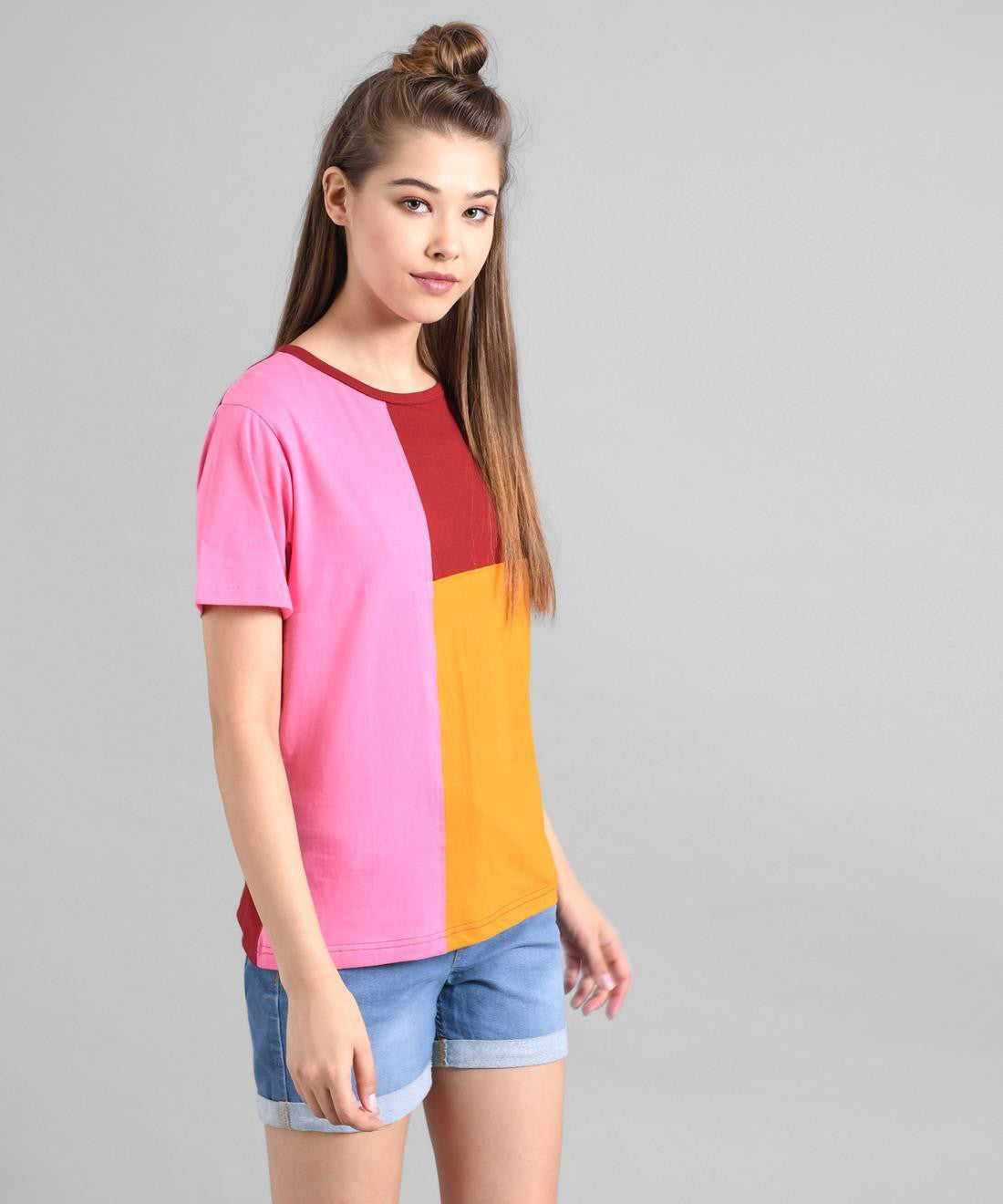 KOTTY Colorblock Women Round Neck Yellow T-Shirt 