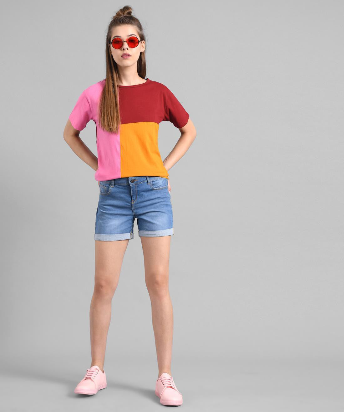 KOTTY Colorblock Women Round Neck Yellow T-Shirt 