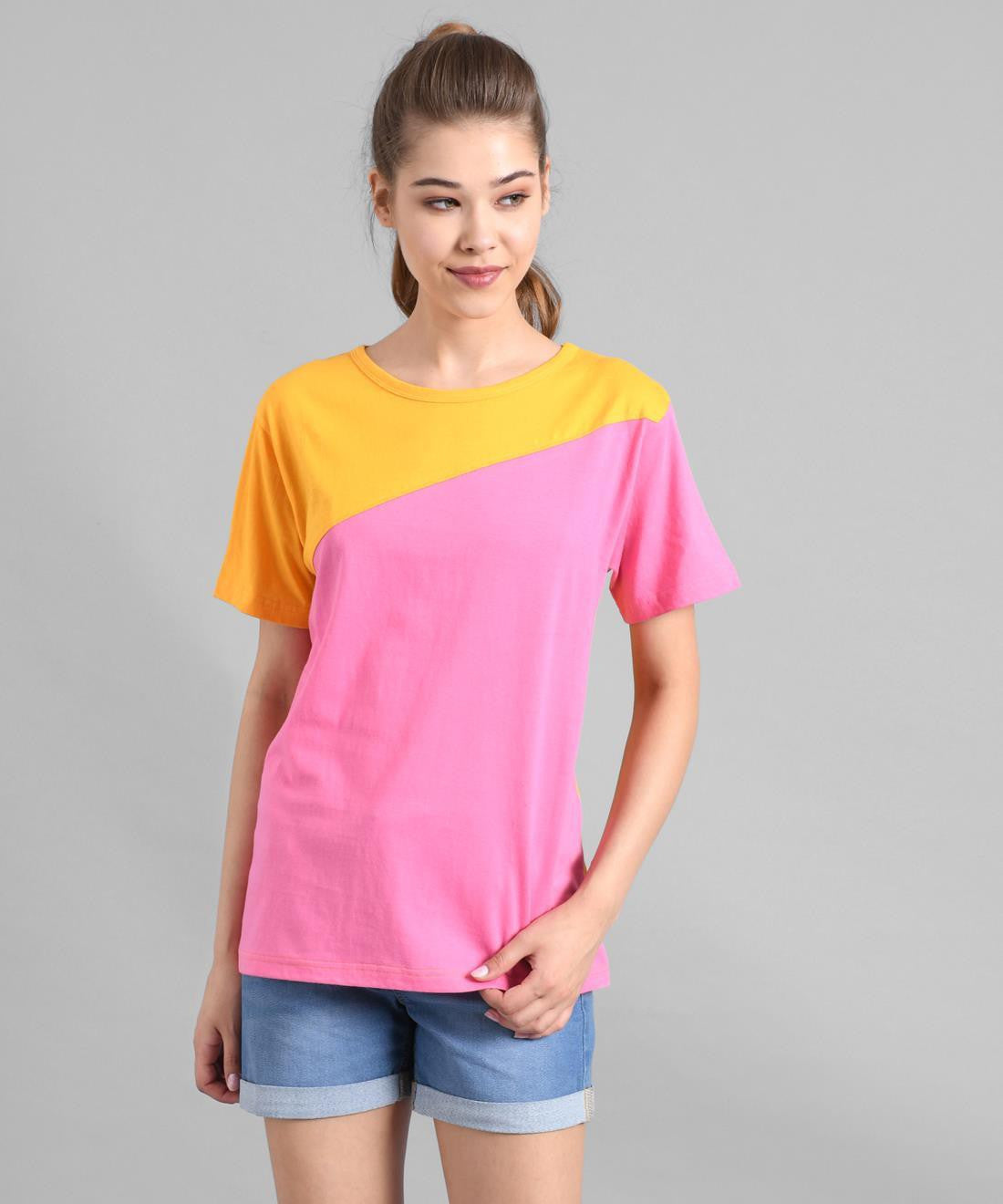 KOTTY Colorblock Women Round Neck Pink T-Shirt 