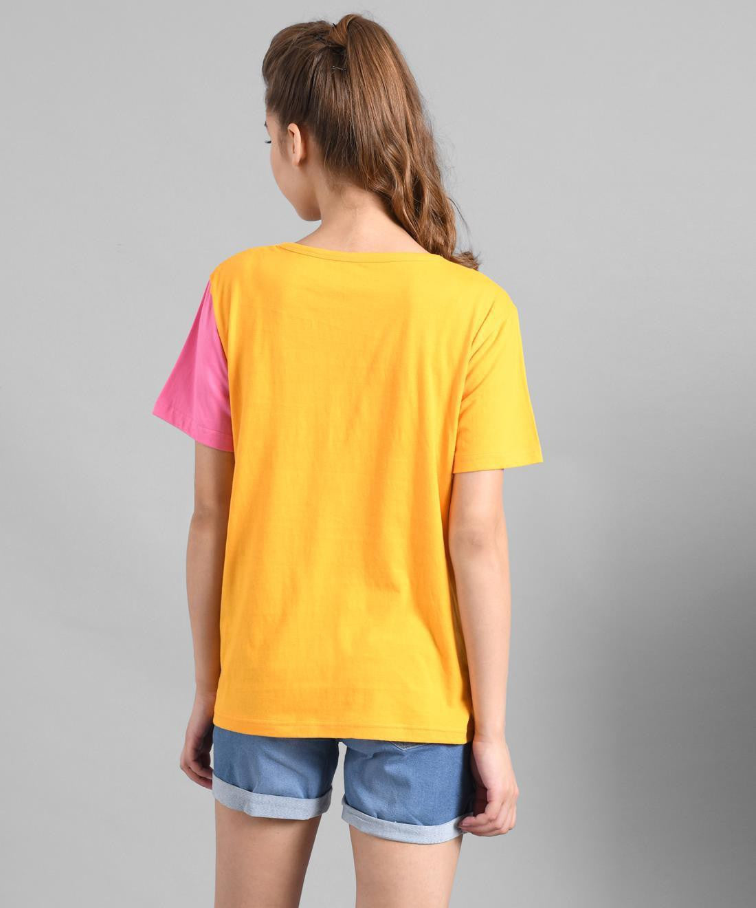 KOTTY Colorblock Women Round Neck Pink T-Shirt 
