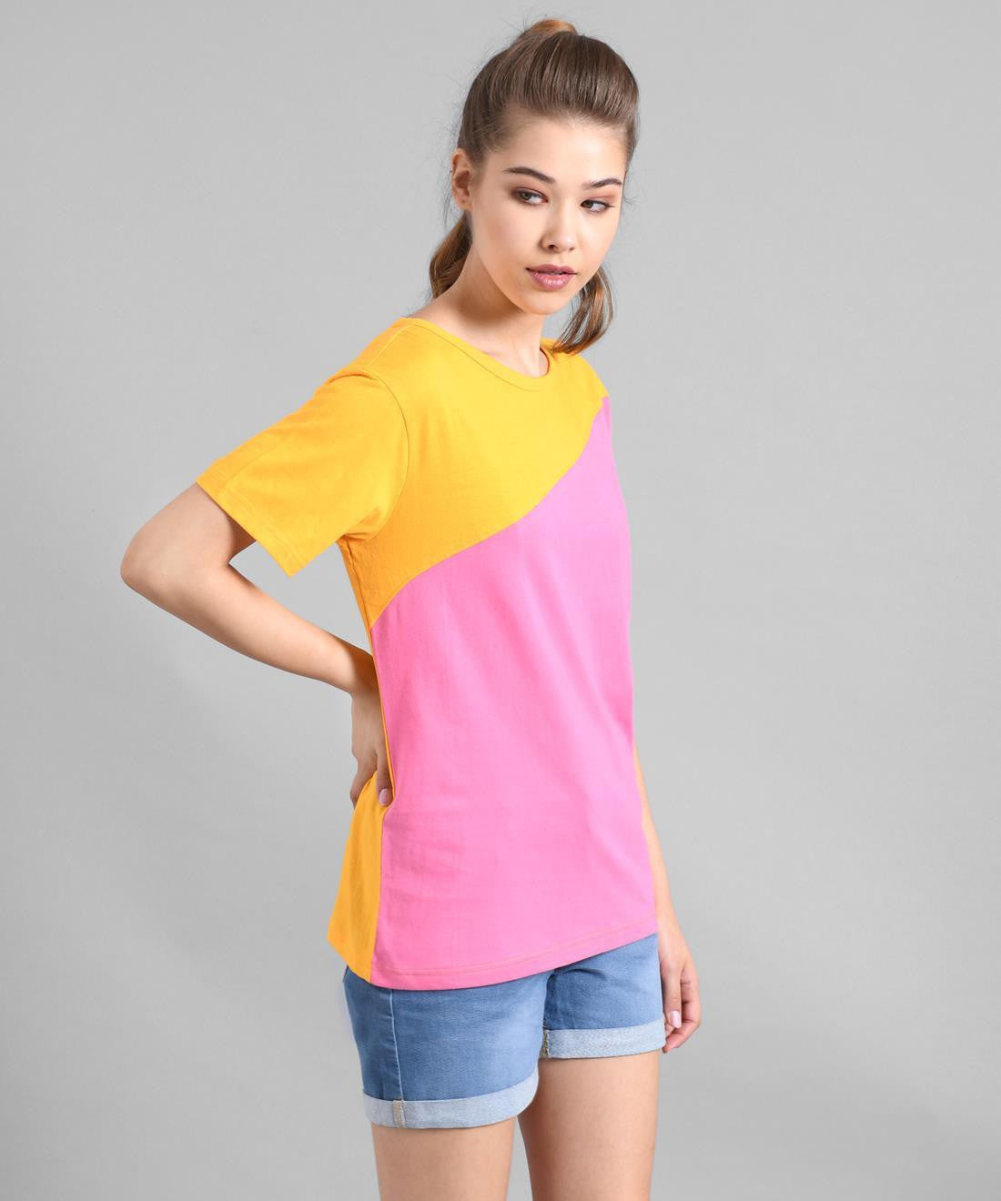 KOTTY Colorblock Women Round Neck Pink T-Shirt 