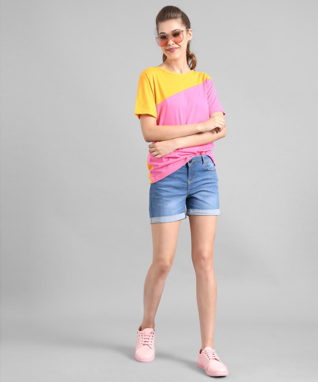 KOTTY Colorblock Women Round Neck Pink T-Shirt 