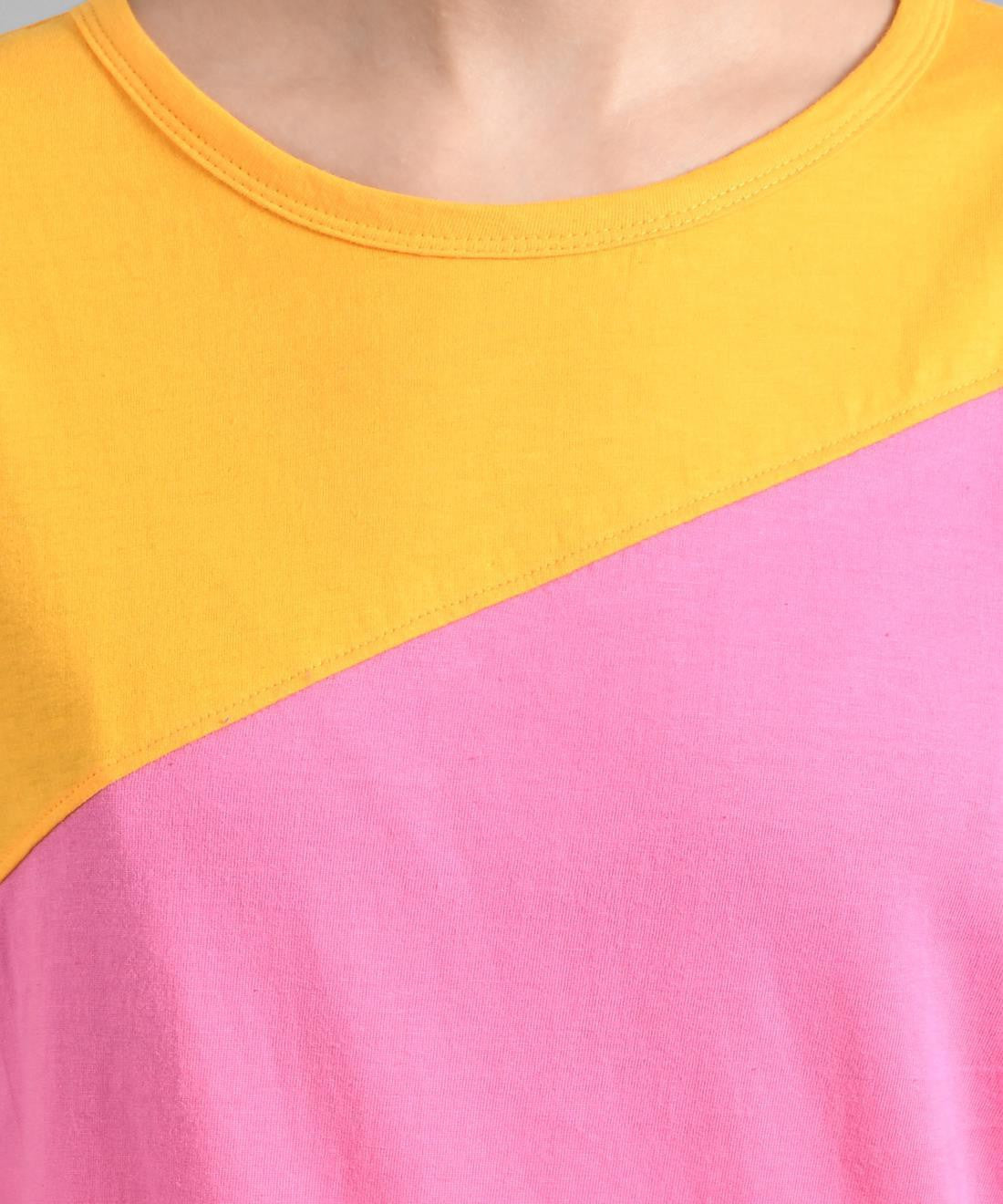 KOTTY Colorblock Women Round Neck Pink T-Shirt 