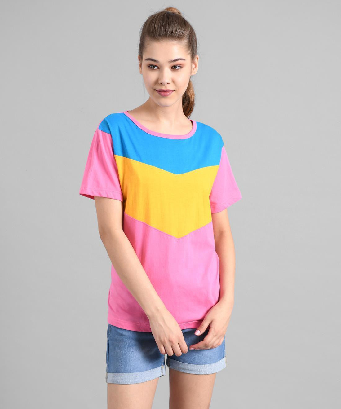 KOTTY Colorblock Women Round Neck Pink T-Shirt 