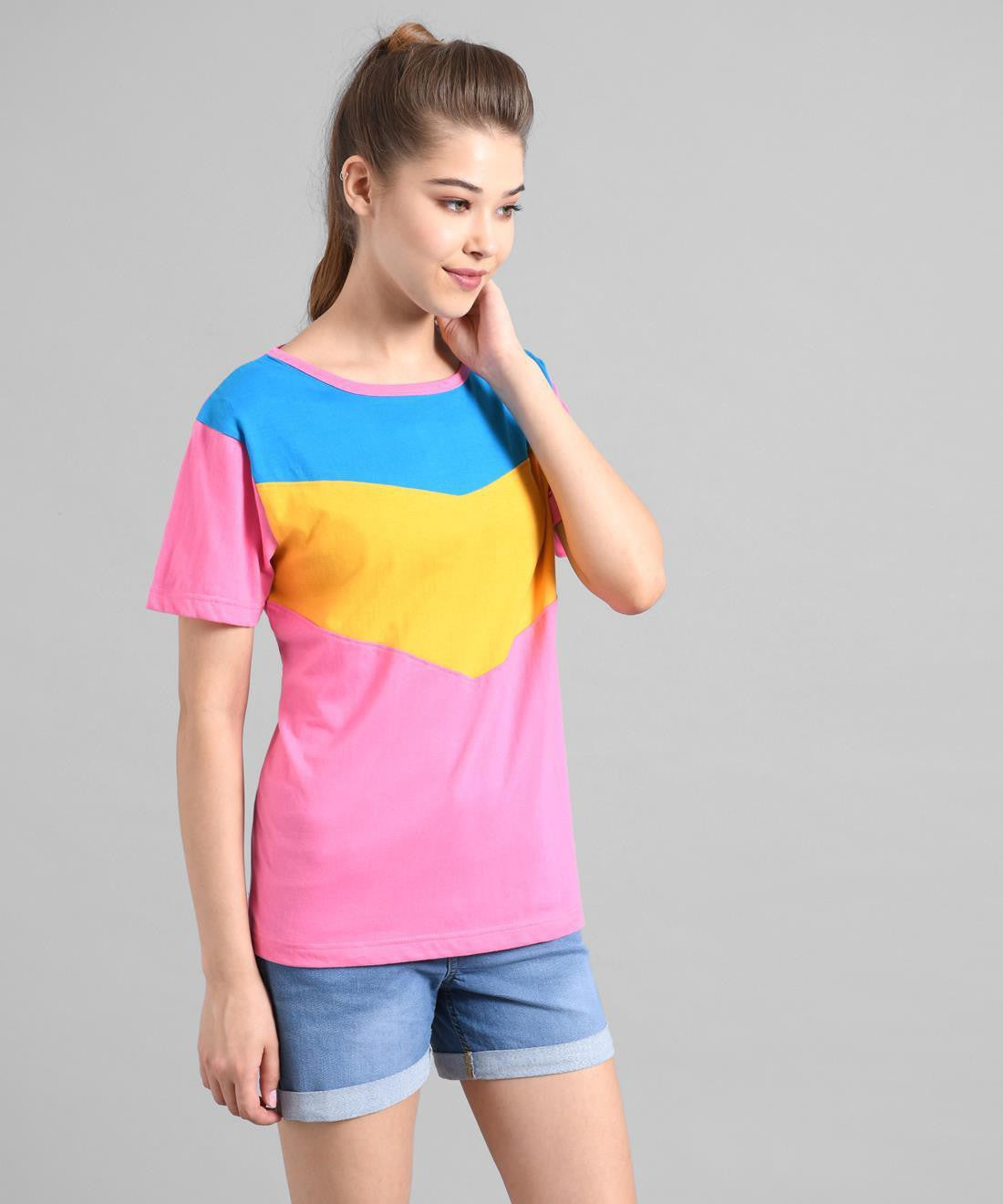 KOTTY Colorblock Women Round Neck Pink T-Shirt 