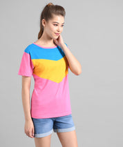 KOTTY Colorblock Women Round Neck Pink T-Shirt 