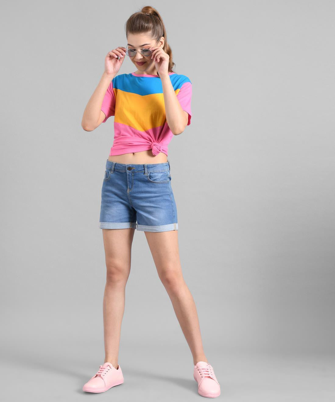 KOTTY Colorblock Women Round Neck Pink T-Shirt 