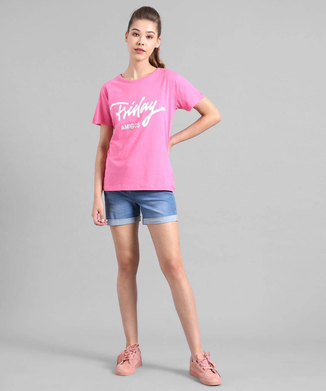 KOTTY Graphic Print Women Round Neck Pink T-Shirt 