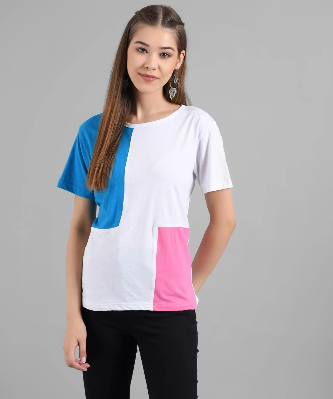 KOTTY Colorblock Women Round Neck Blue T-Shirt 