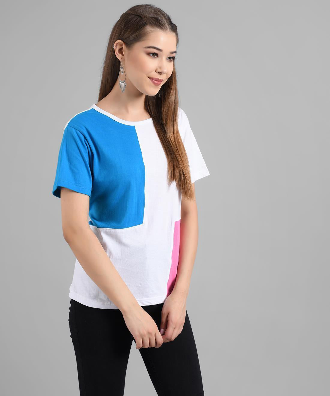 KOTTY Colorblock Women Round Neck Blue T-Shirt 