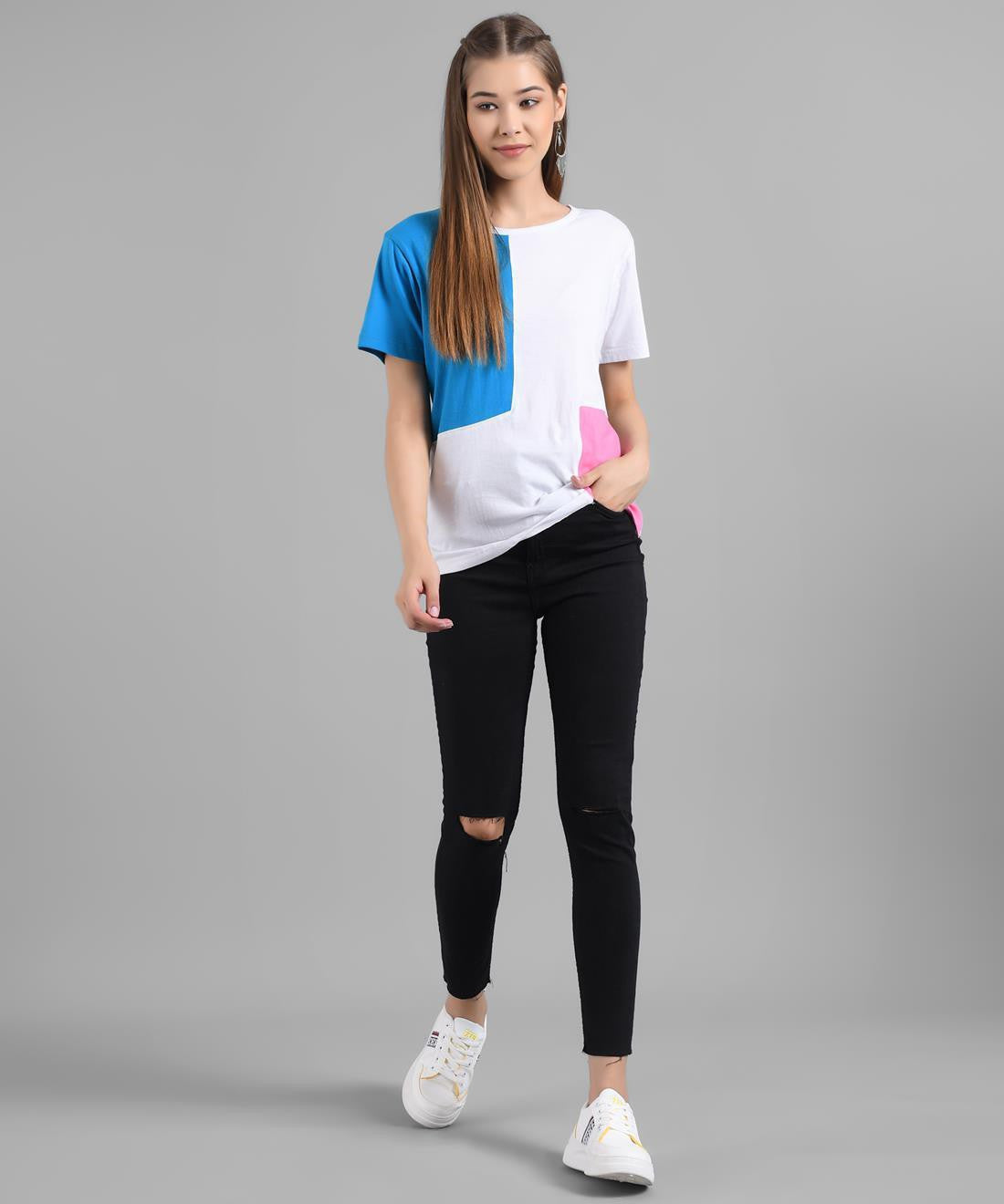 KOTTY Colorblock Women Round Neck Blue T-Shirt 