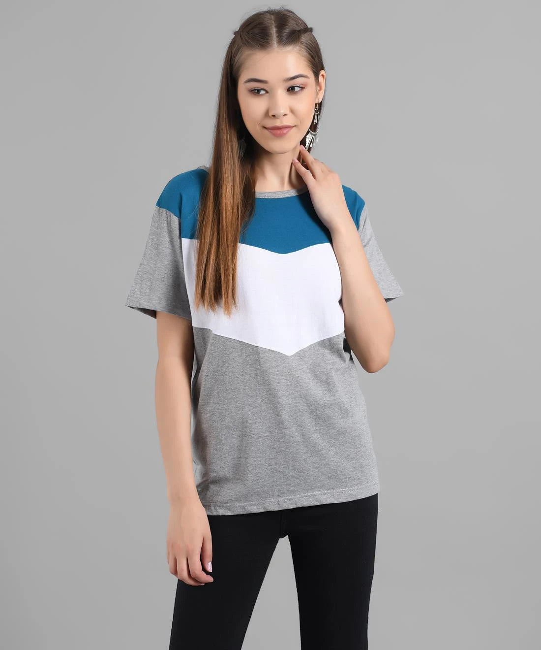 KOTTY Colorblock Women Round Neck Grey T-Shirt 