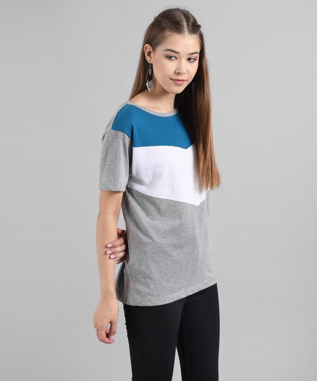 KOTTY Colorblock Women Round Neck Grey T-Shirt 