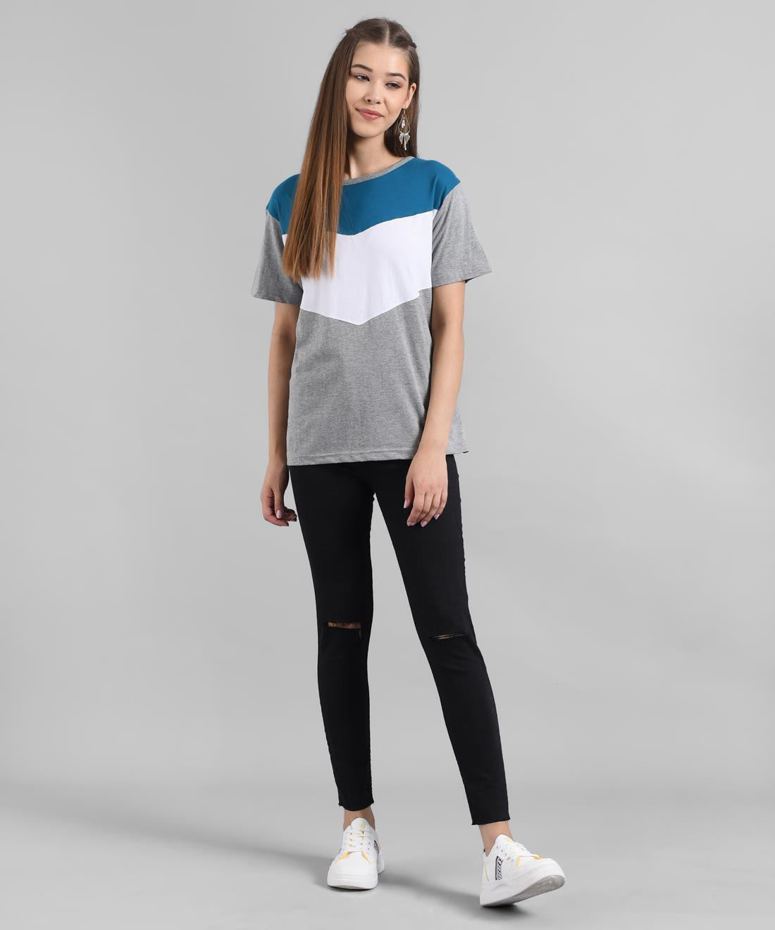 KOTTY Colorblock Women Round Neck Grey T-Shirt 