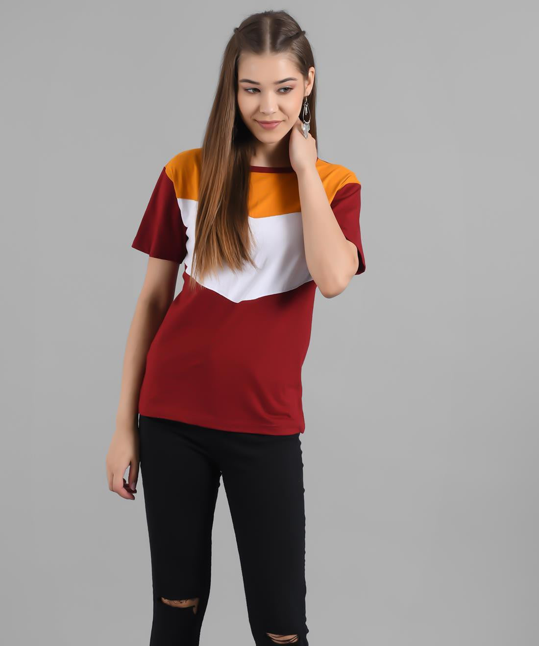 KOTTY Colorblock Women Round Neck Maroon T-Shirt 
