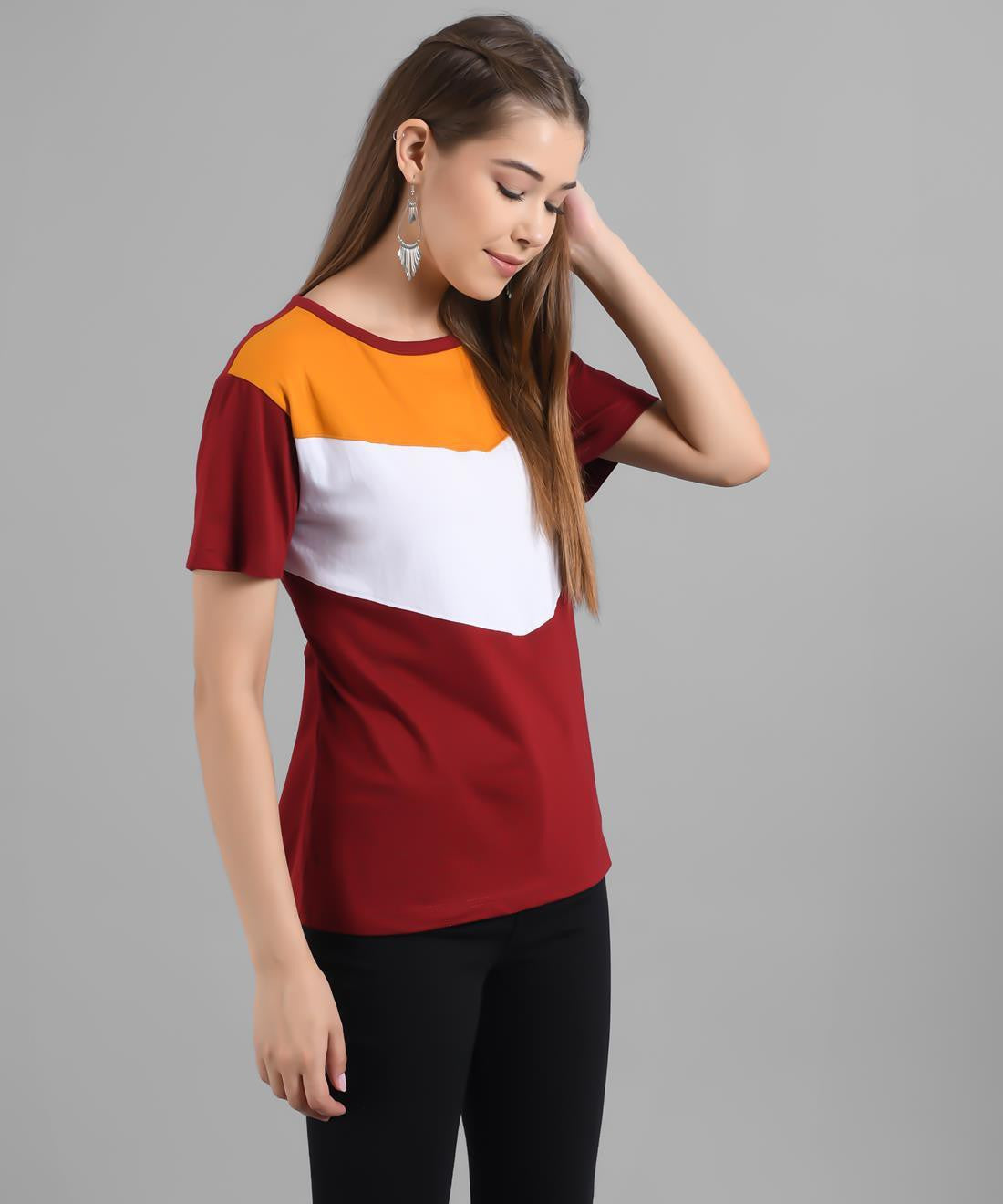 KOTTY Colorblock Women Round Neck Maroon T-Shirt 
