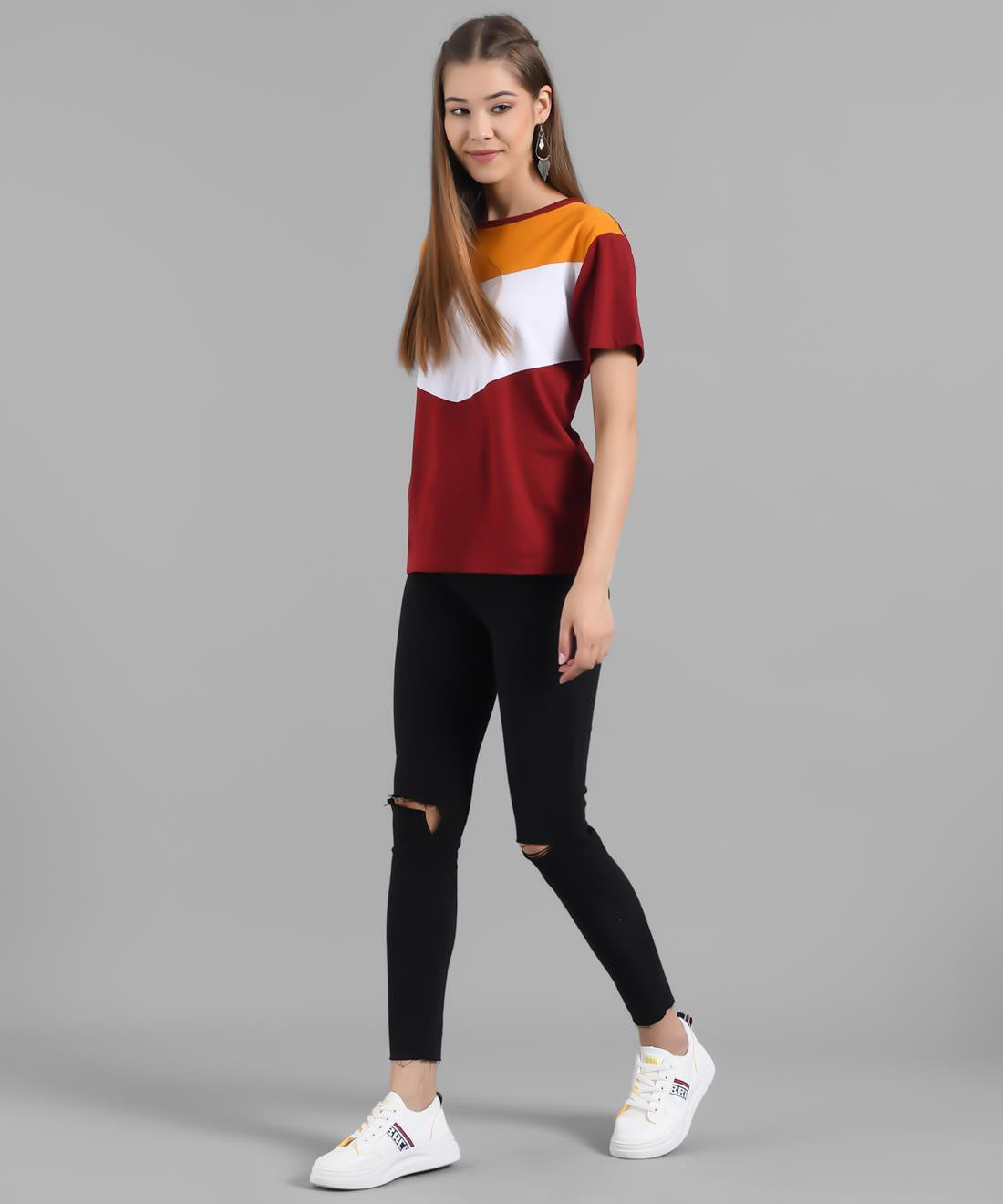 KOTTY Colorblock Women Round Neck Maroon T-Shirt 