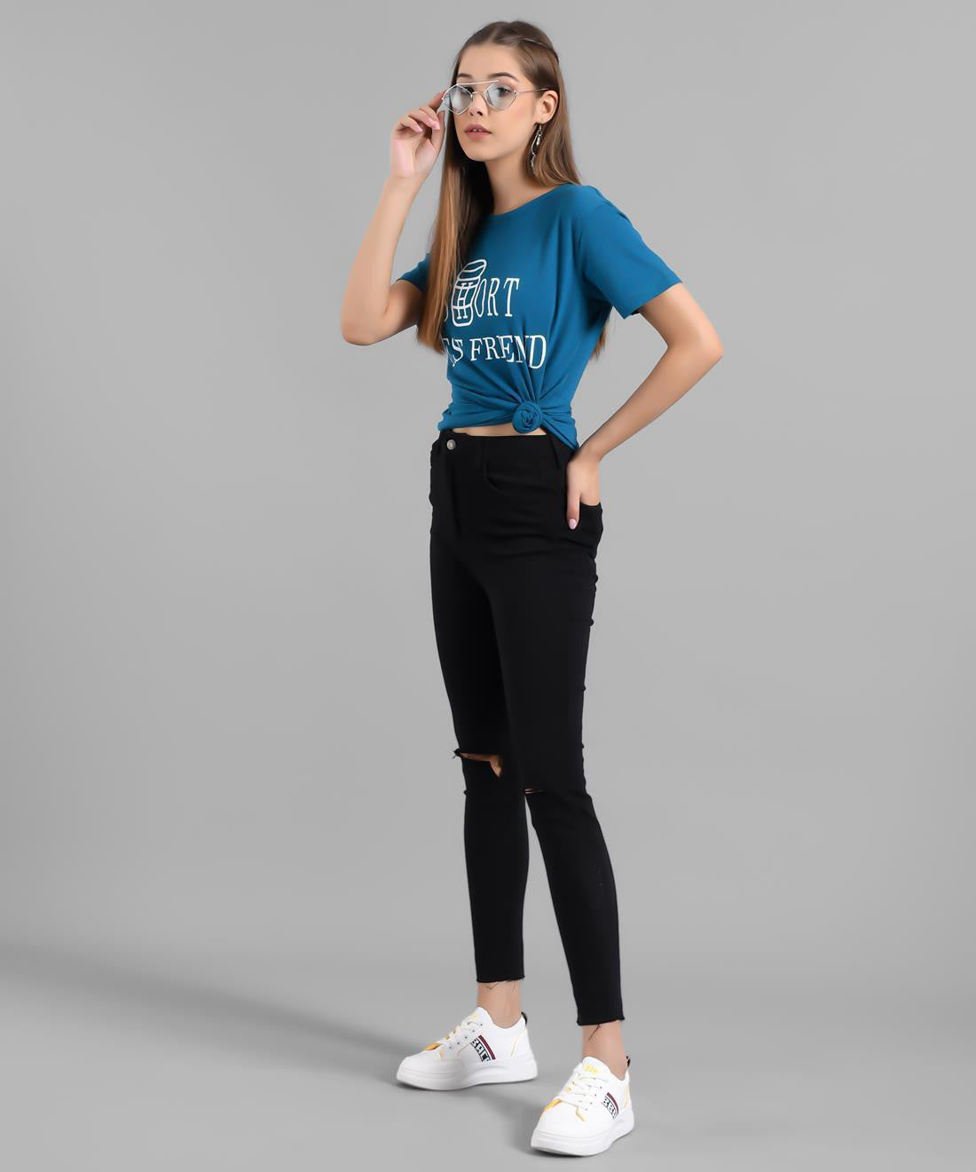 KOTTY Graphic Print Women Round Neck Blue T-Shirt 