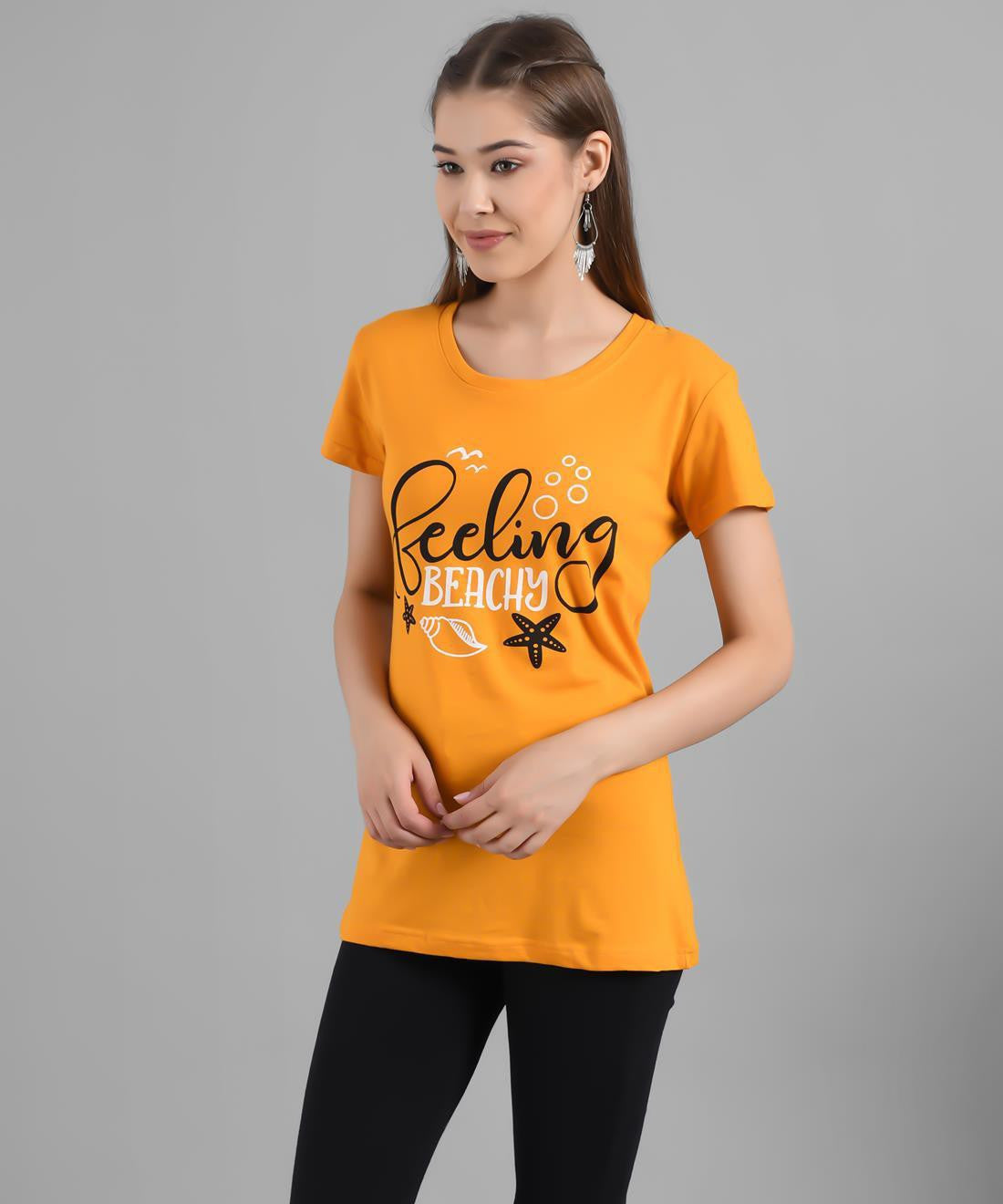 KOTTY Graphic Print Women Round Neck Yellow T-Shirt 