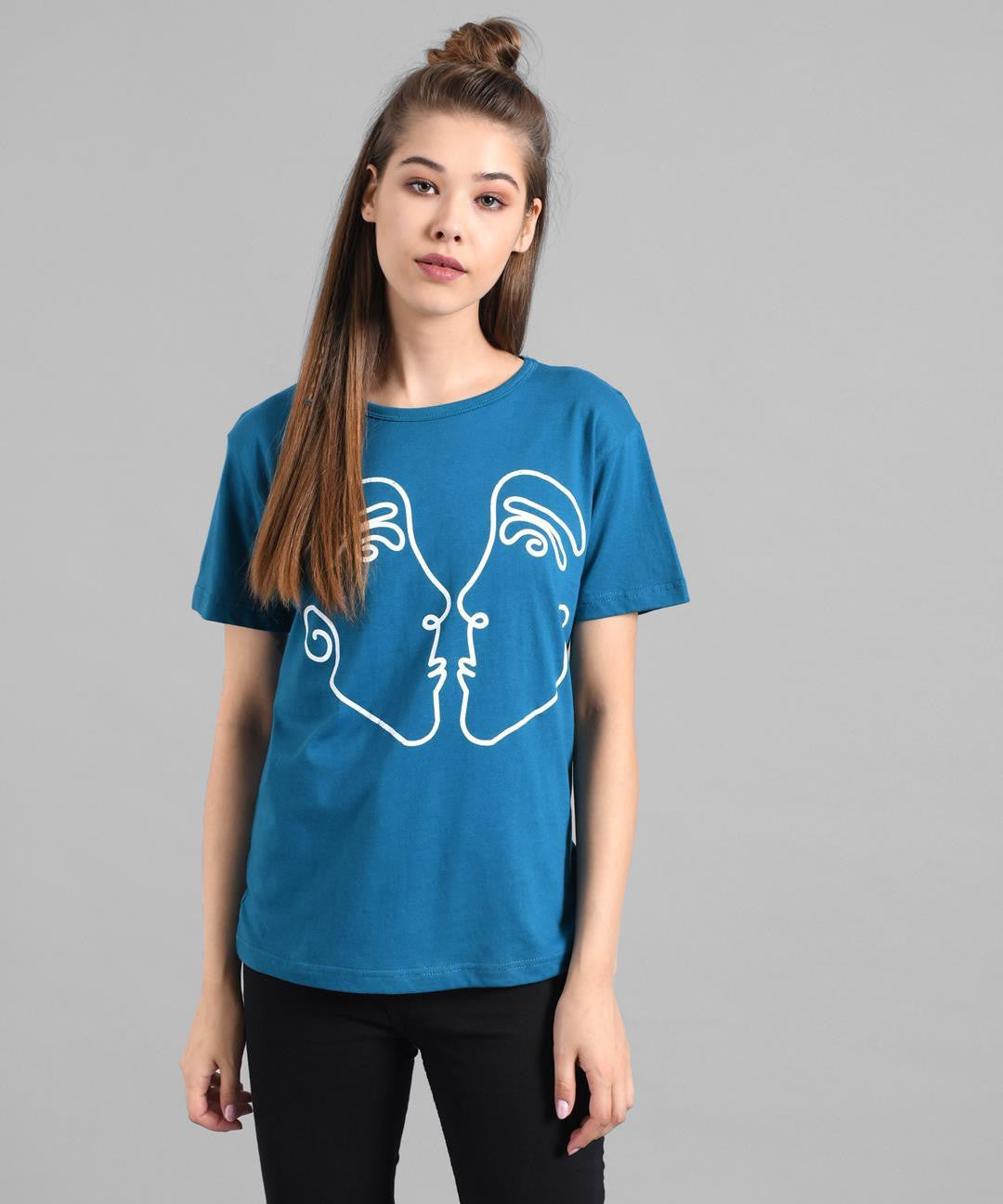 KOTTY Printed Women Round Neck Blue T-Shirt 
