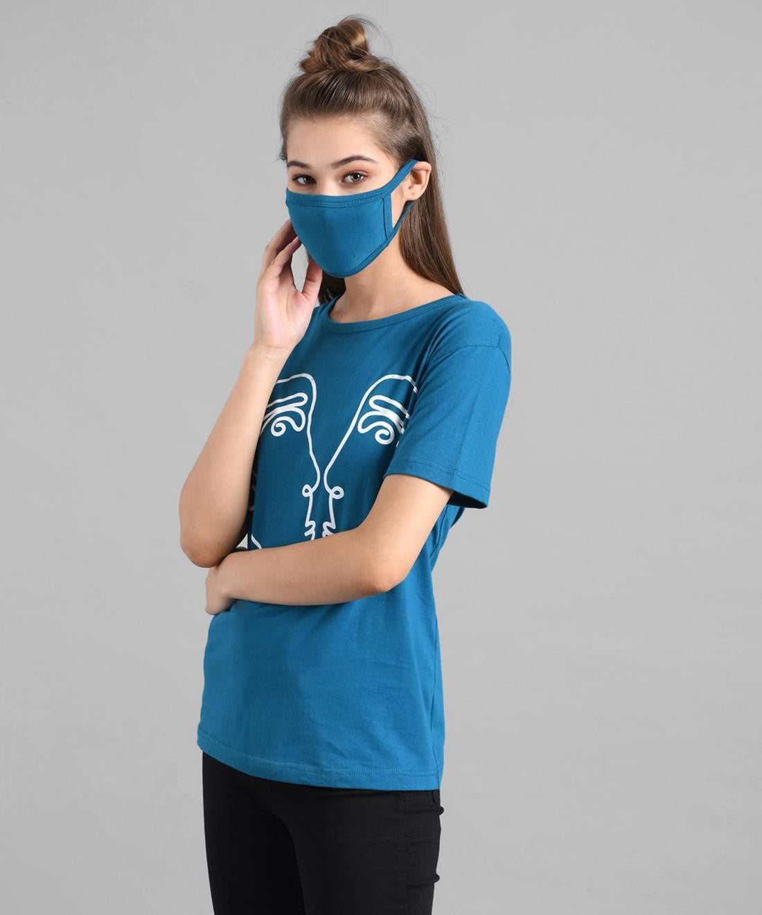 KOTTY Printed Women Round Neck Blue T-Shirt 