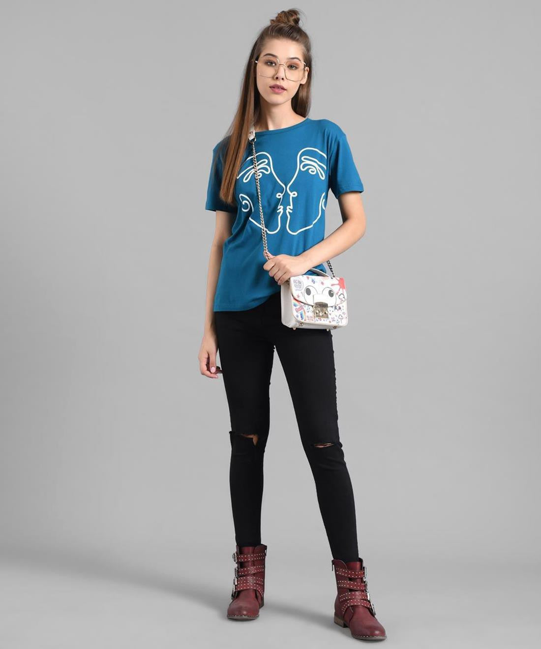 KOTTY Printed Women Round Neck Blue T-Shirt 