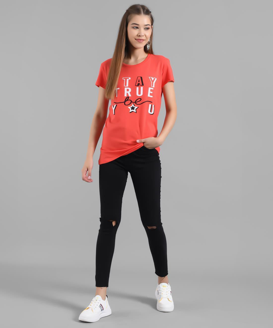KOTTY Graphic Print Women Round Neck Orange T-Shirt 