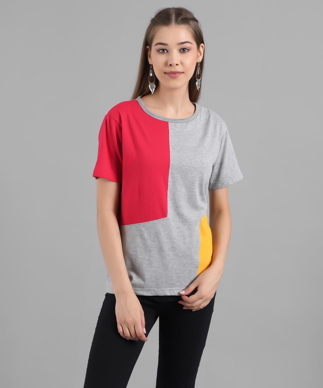 KOTTY Colorblock Women Round Neck Grey T-Shirt 