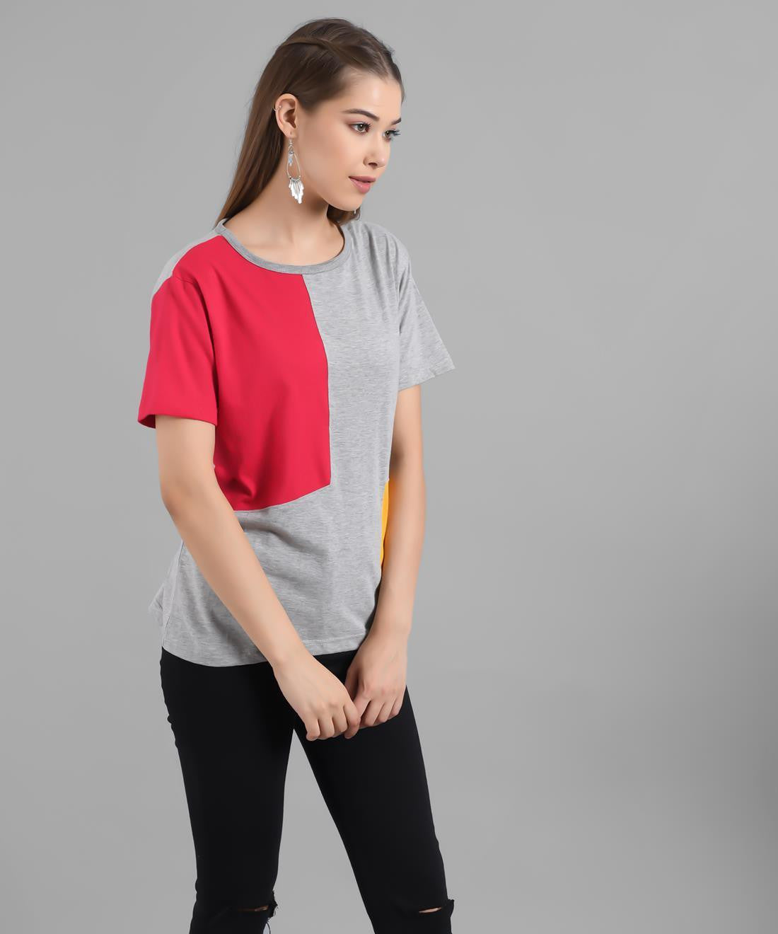 KOTTY Colorblock Women Round Neck Grey T-Shirt 
