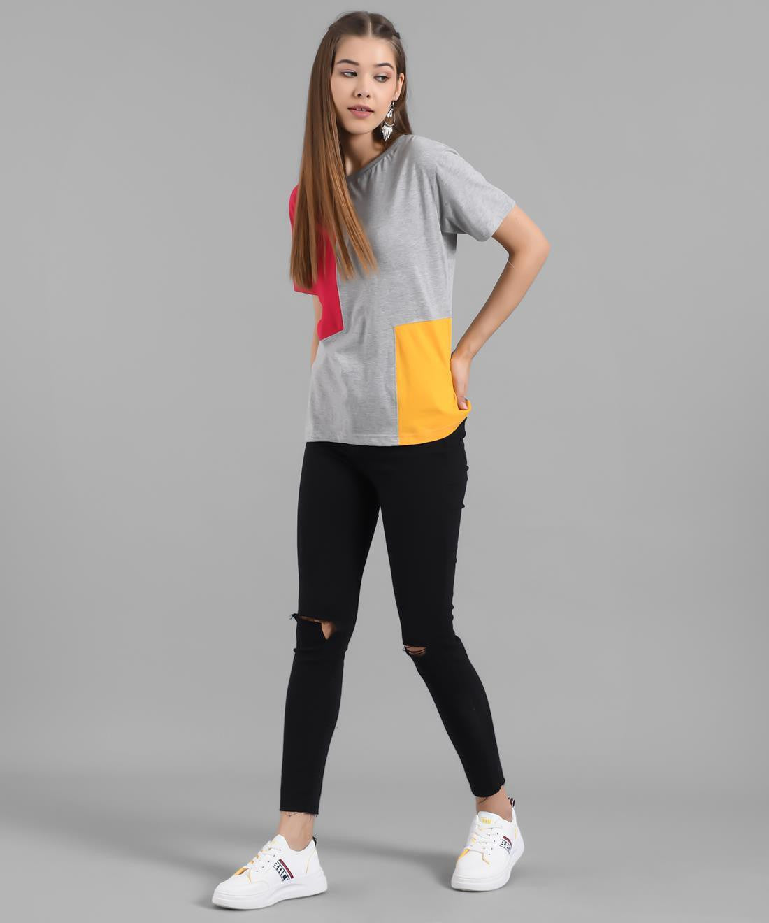 KOTTY Colorblock Women Round Neck Grey T-Shirt 