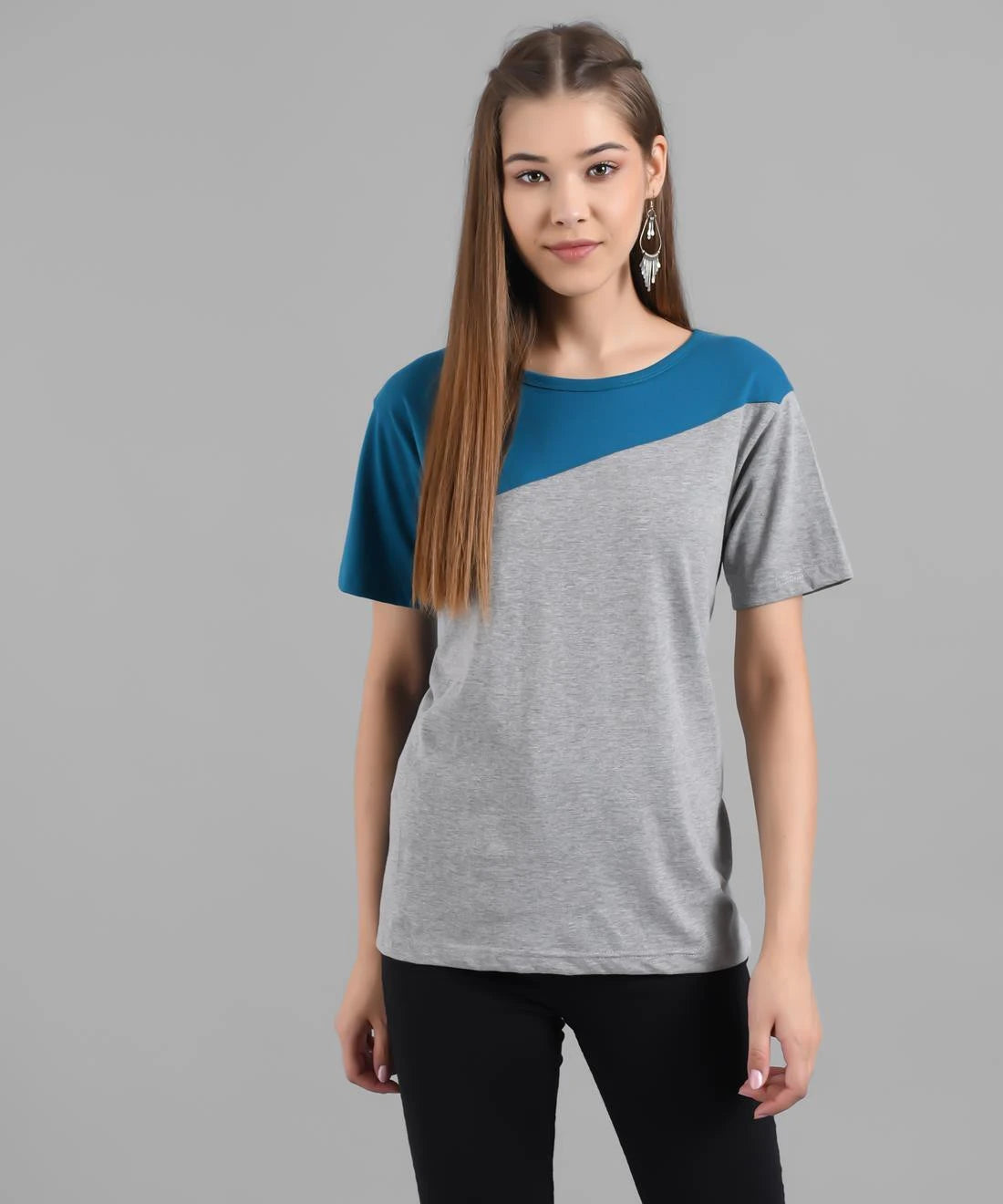 KOTTY Colorblock Women Round Neck Blue T-Shirt 