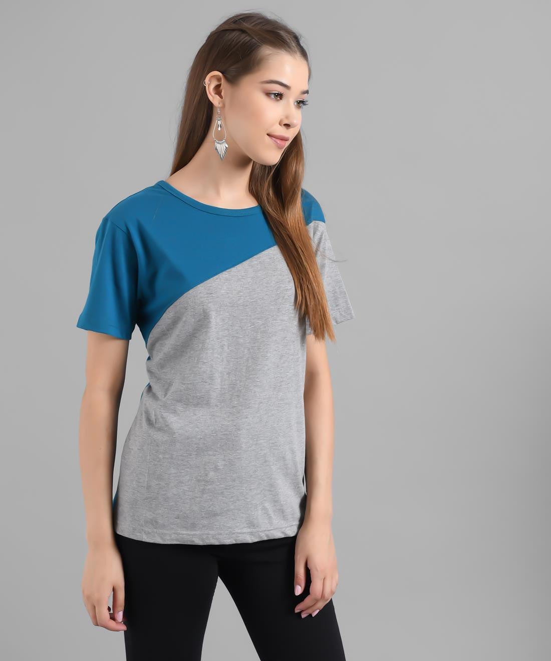 KOTTY Colorblock Women Round Neck Blue T-Shirt 