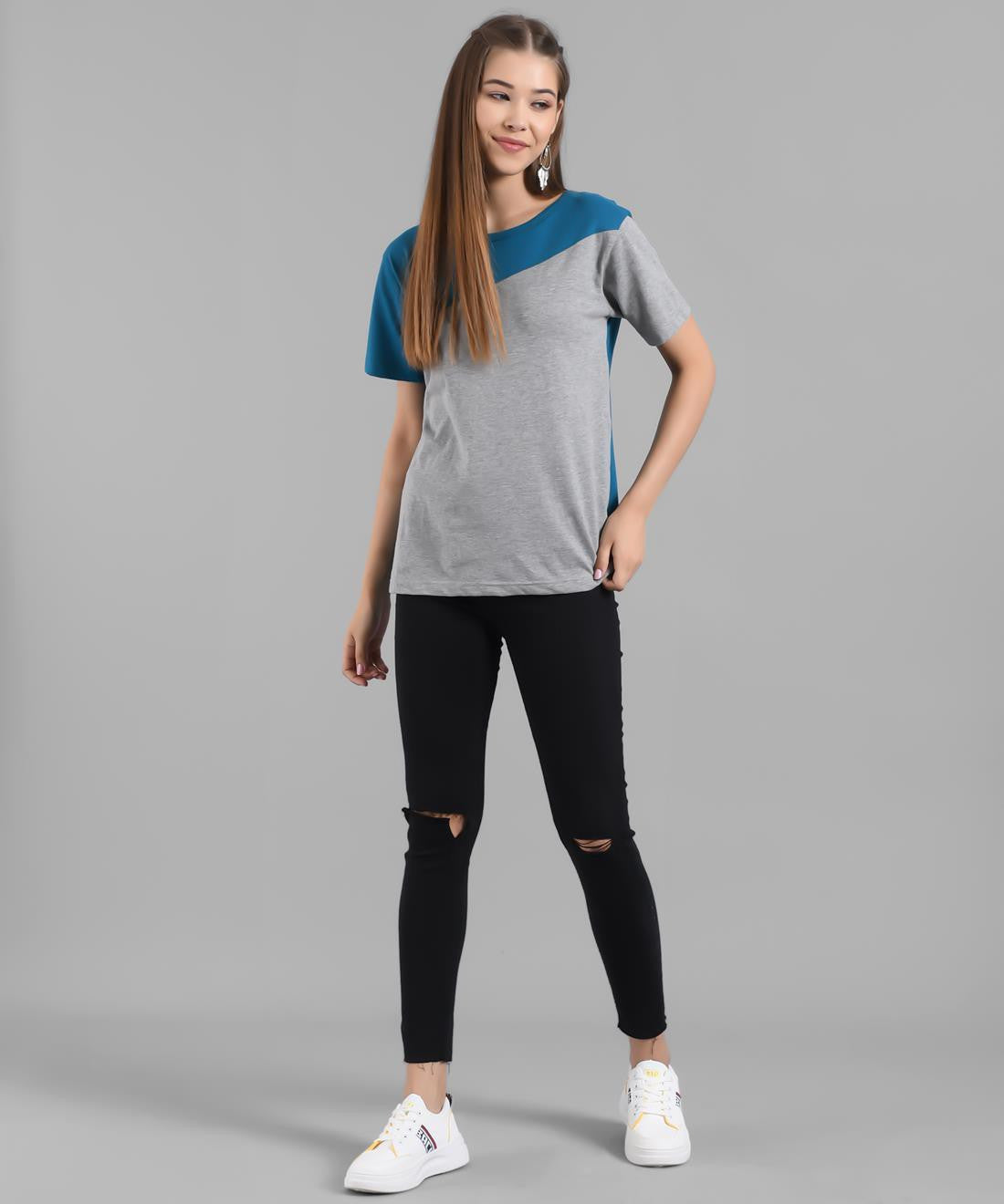 KOTTY Colorblock Women Round Neck Blue T-Shirt 