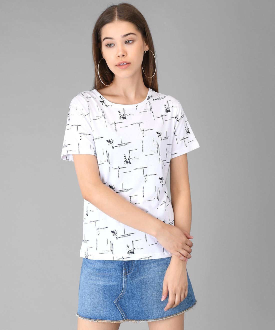 KOTTY Printed Women Round Neck White T-Shirt 
