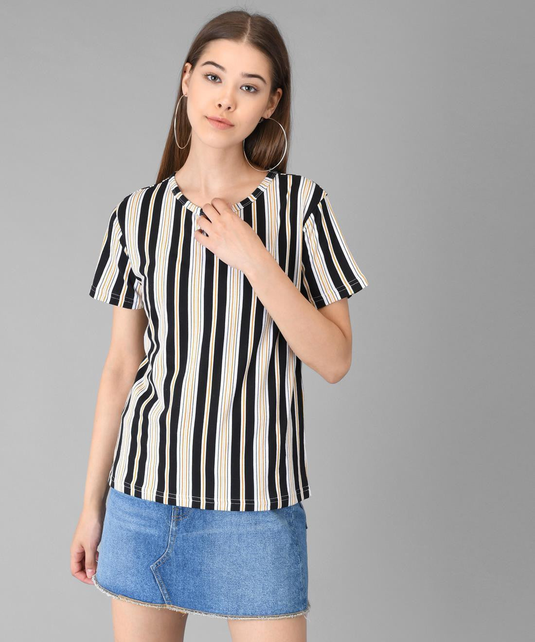 KOTTY Striped Women Round Neck Black T-Shirt 