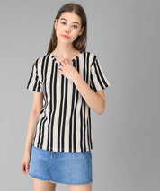 KOTTY Striped Women Round Neck Black T-Shirt 