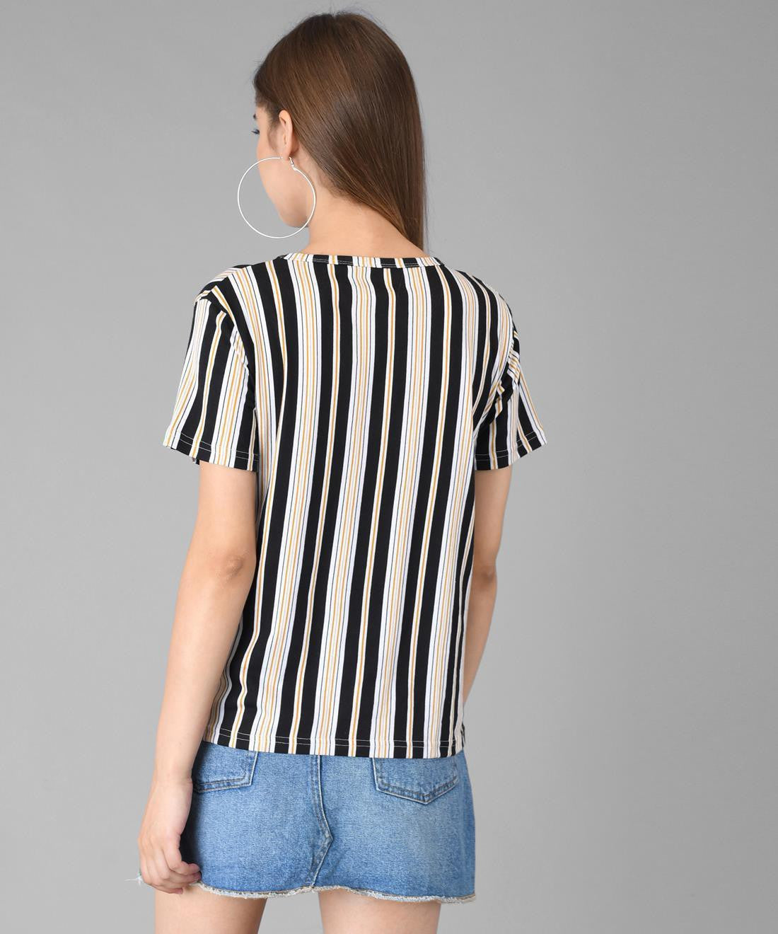 KOTTY Striped Women Round Neck Black T-Shirt 