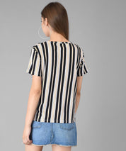 KOTTY Striped Women Round Neck Black T-Shirt 