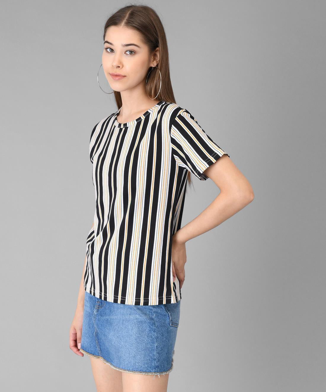 KOTTY Striped Women Round Neck Black T-Shirt 