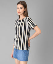KOTTY Striped Women Round Neck Black T-Shirt 