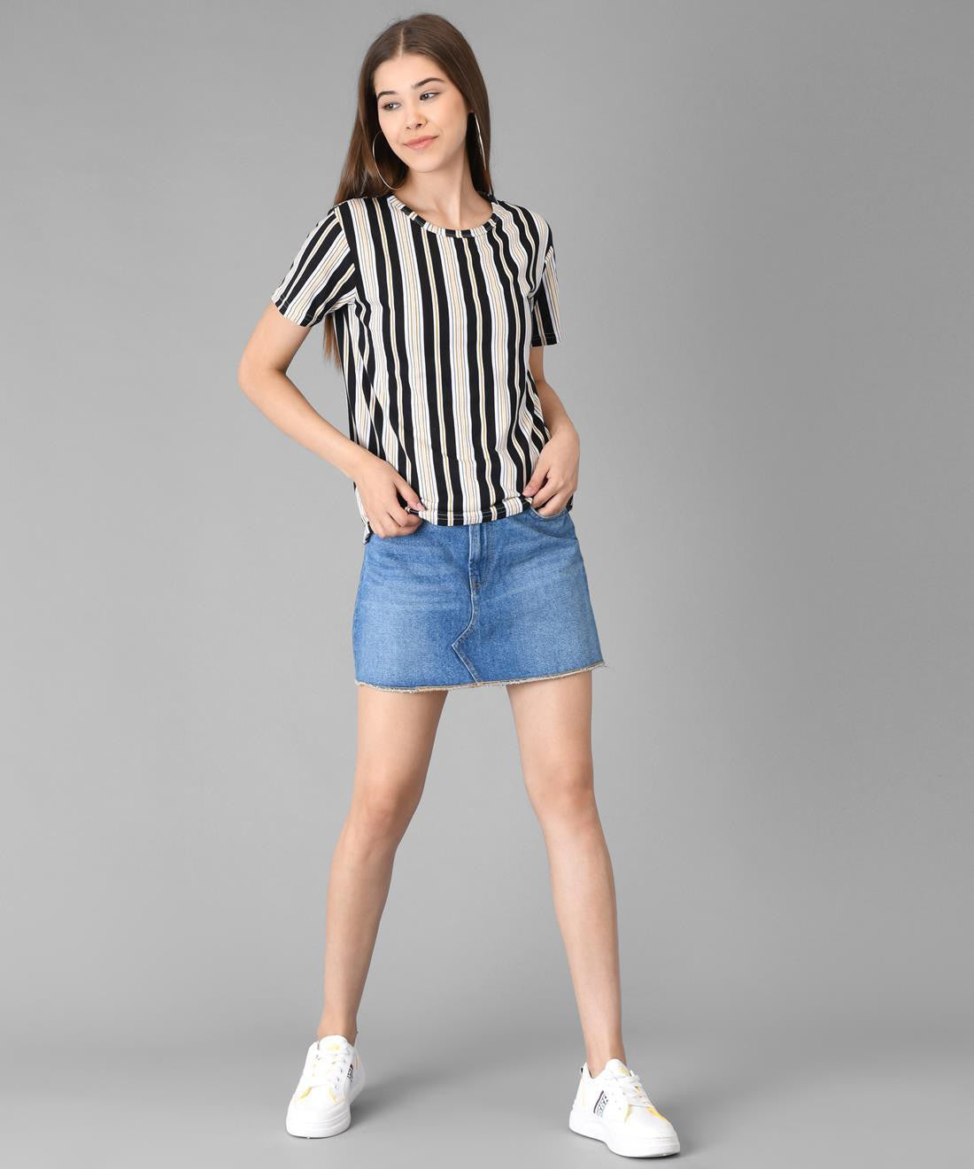 KOTTY Striped Women Round Neck Black T-Shirt 