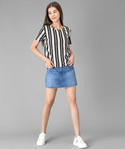 KOTTY Striped Women Round Neck Black T-Shirt 