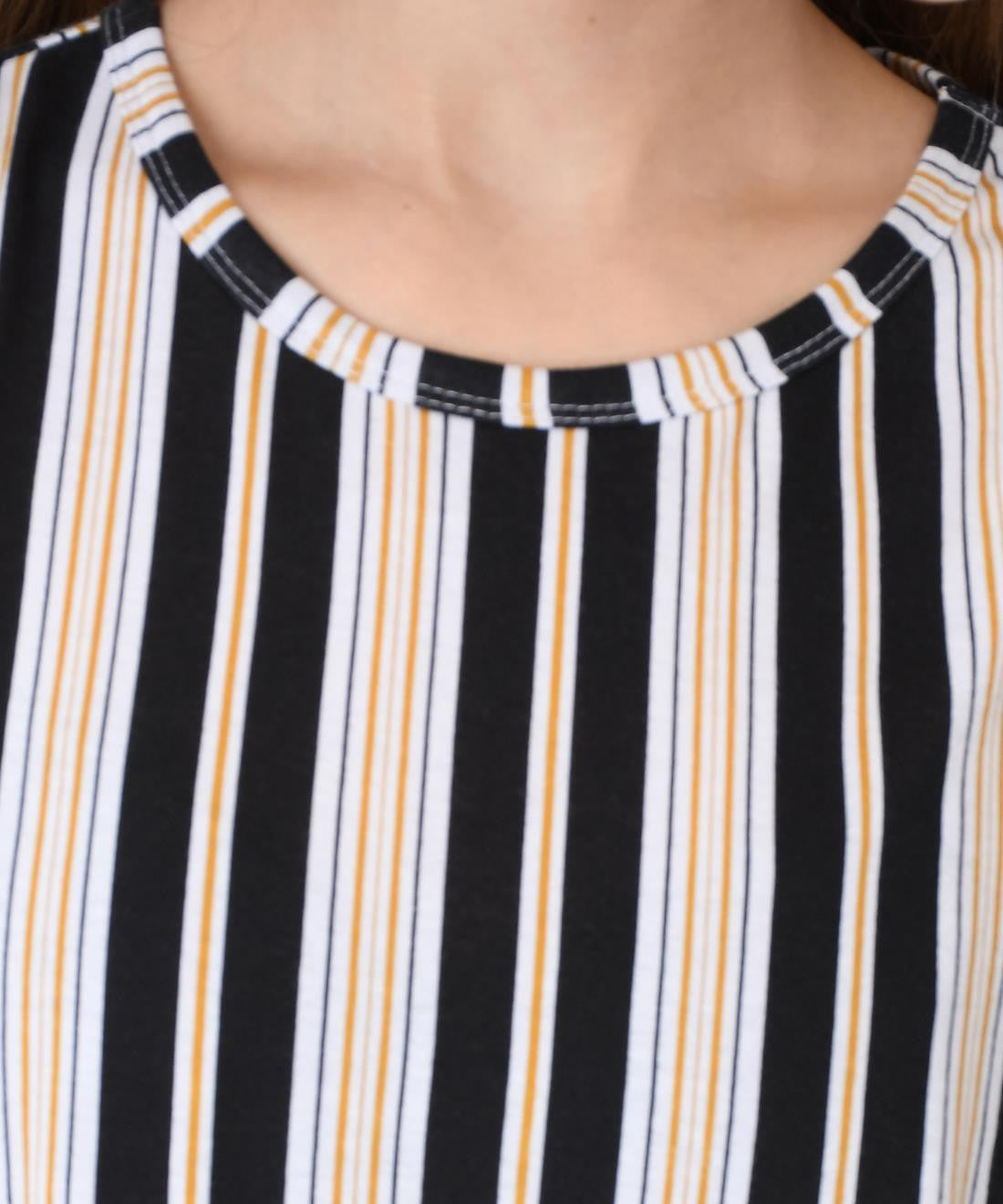 KOTTY Striped Women Round Neck Black T-Shirt 