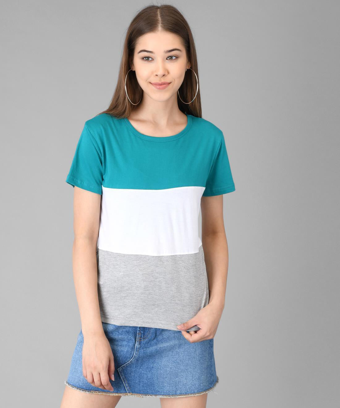 KOTTY Colorblock Women Round Neck Green T-Shirt 