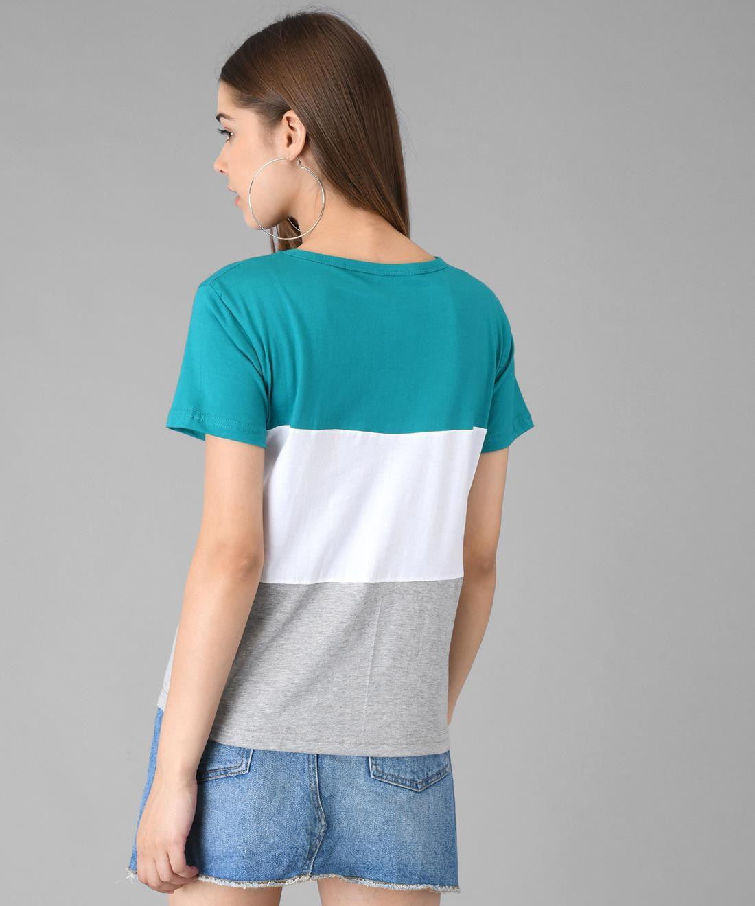 KOTTY Colorblock Women Round Neck Green T-Shirt 