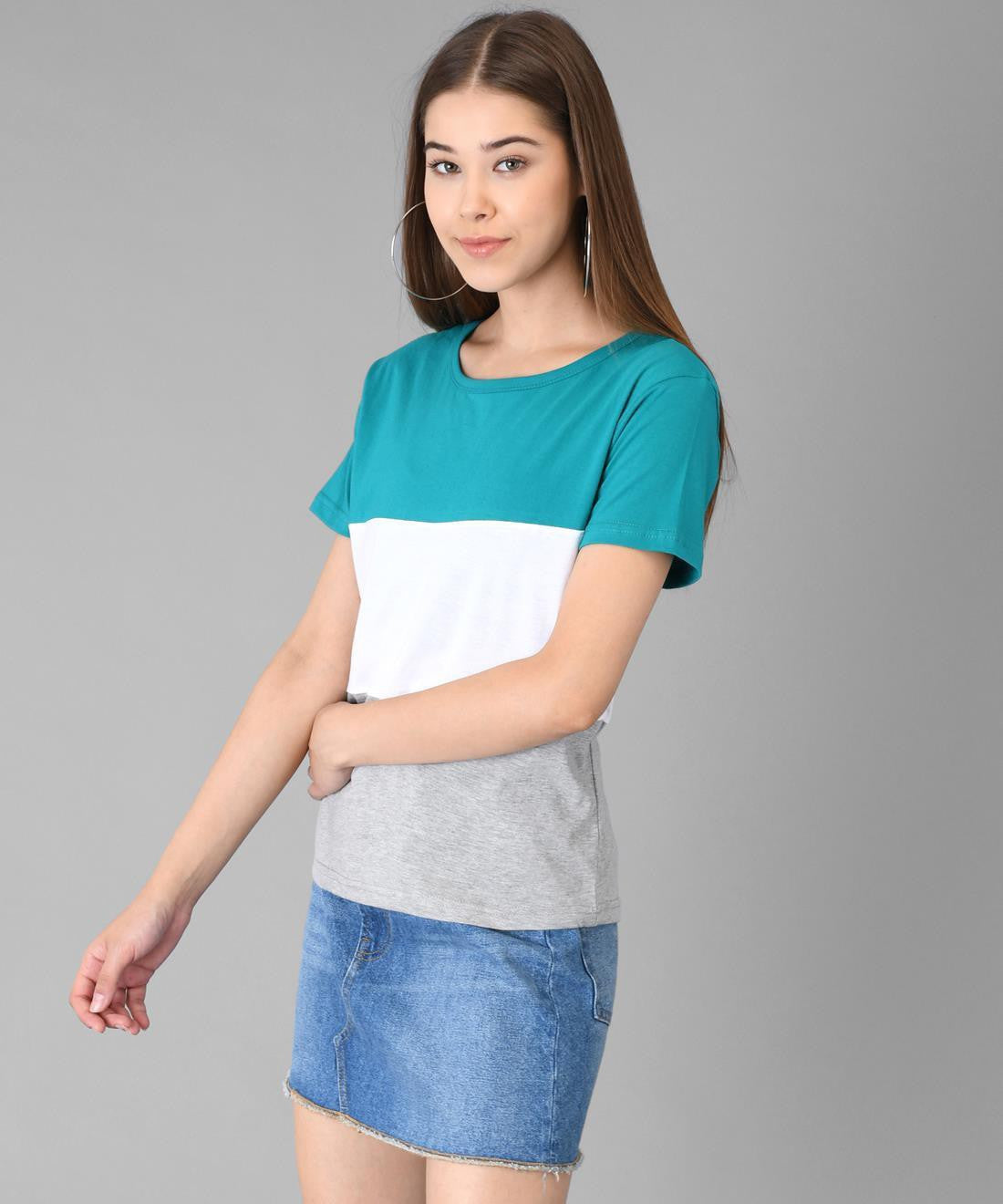 KOTTY Colorblock Women Round Neck Green T-Shirt 